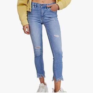 Free People Womens Great Heights Skinny Jeans Frayed Hem Blue